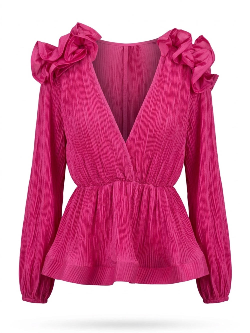 Ruffle Shoulder Deep V Peplum Top - Fuchsia Pink